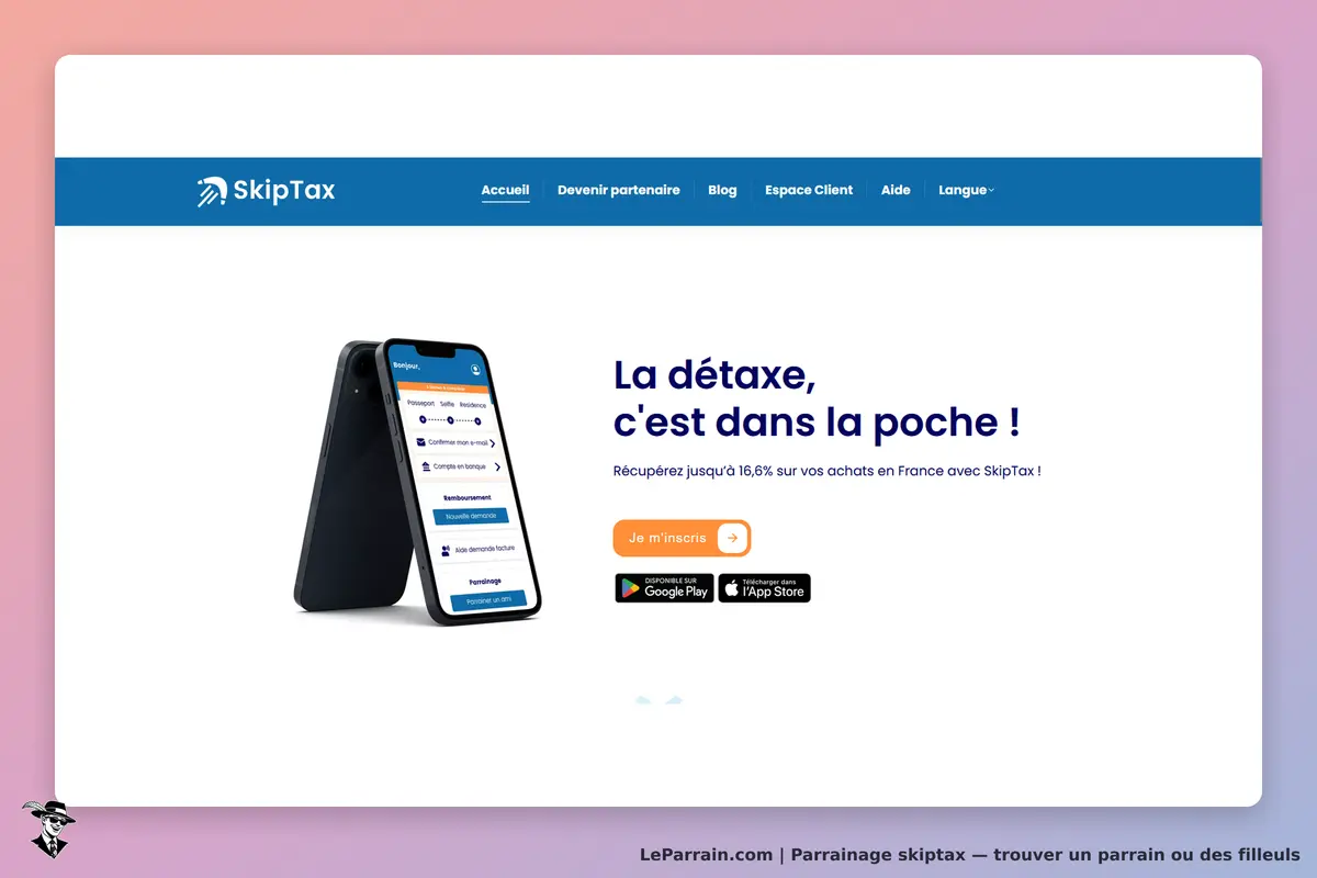 SkipTax : page d'accueil avec un smartphone affichant un formulaire et un message d'accueil