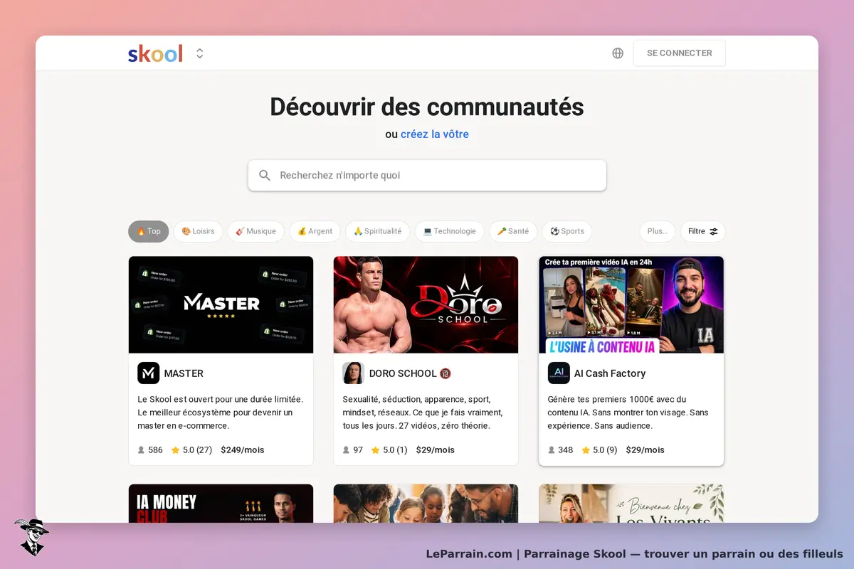 skool : page d'accueil présentant des communautés avec options de recherche et catégories visibles