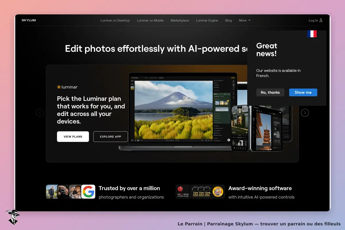 Skylum : page d'accueil présentant le logiciel Luminar et des options d'édition photo