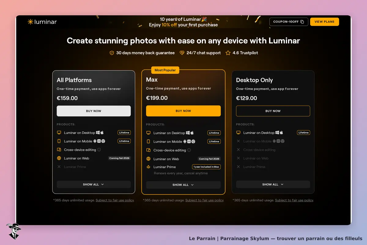 Skylum : page de tarification avec trois options d'achat pour Luminar