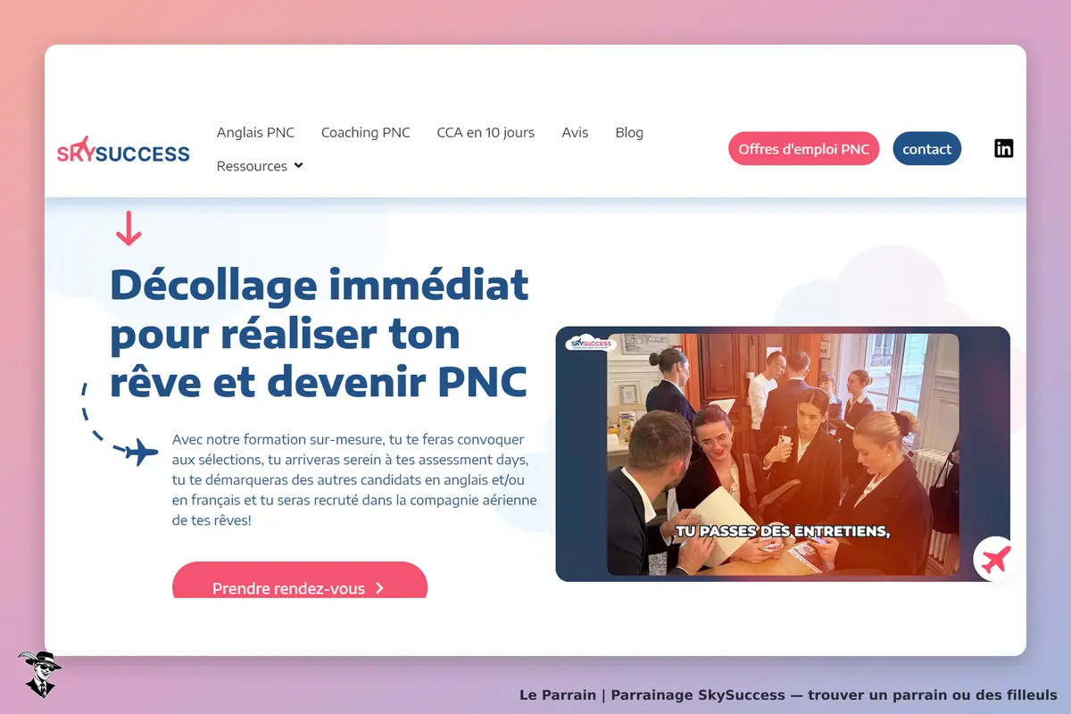 SkySuccess : page d'accueil présentant un programme de formation pour devenir PNC