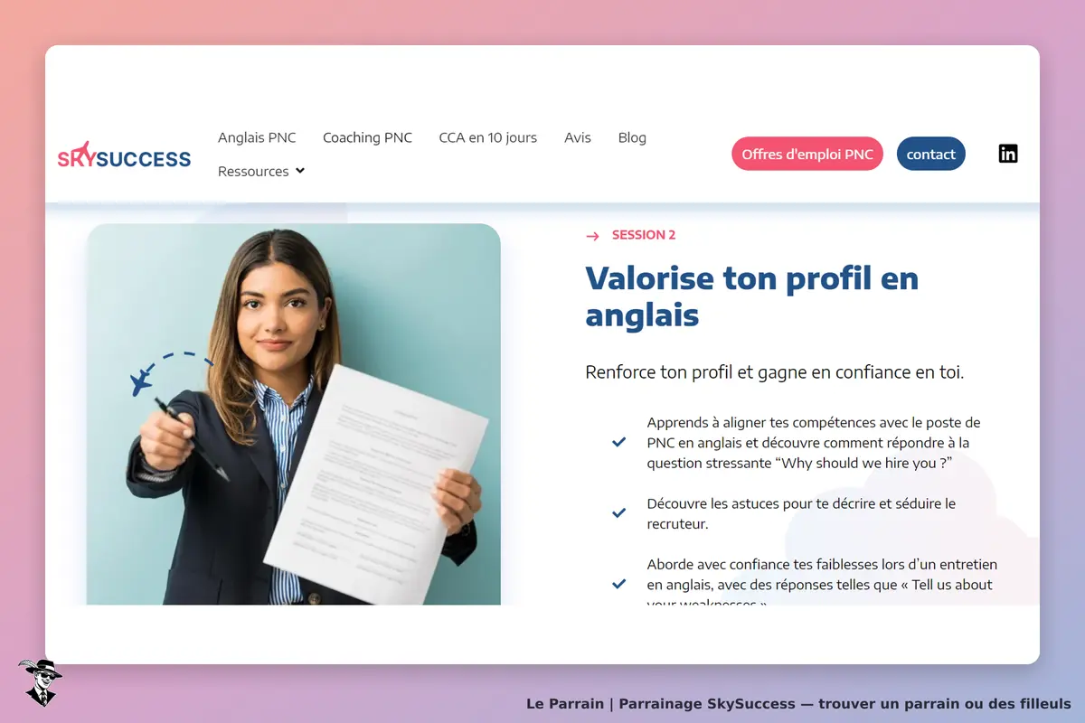 SkySuccess : une femme présentant un document sur fond bleu, avec des éléments de texte explicatif