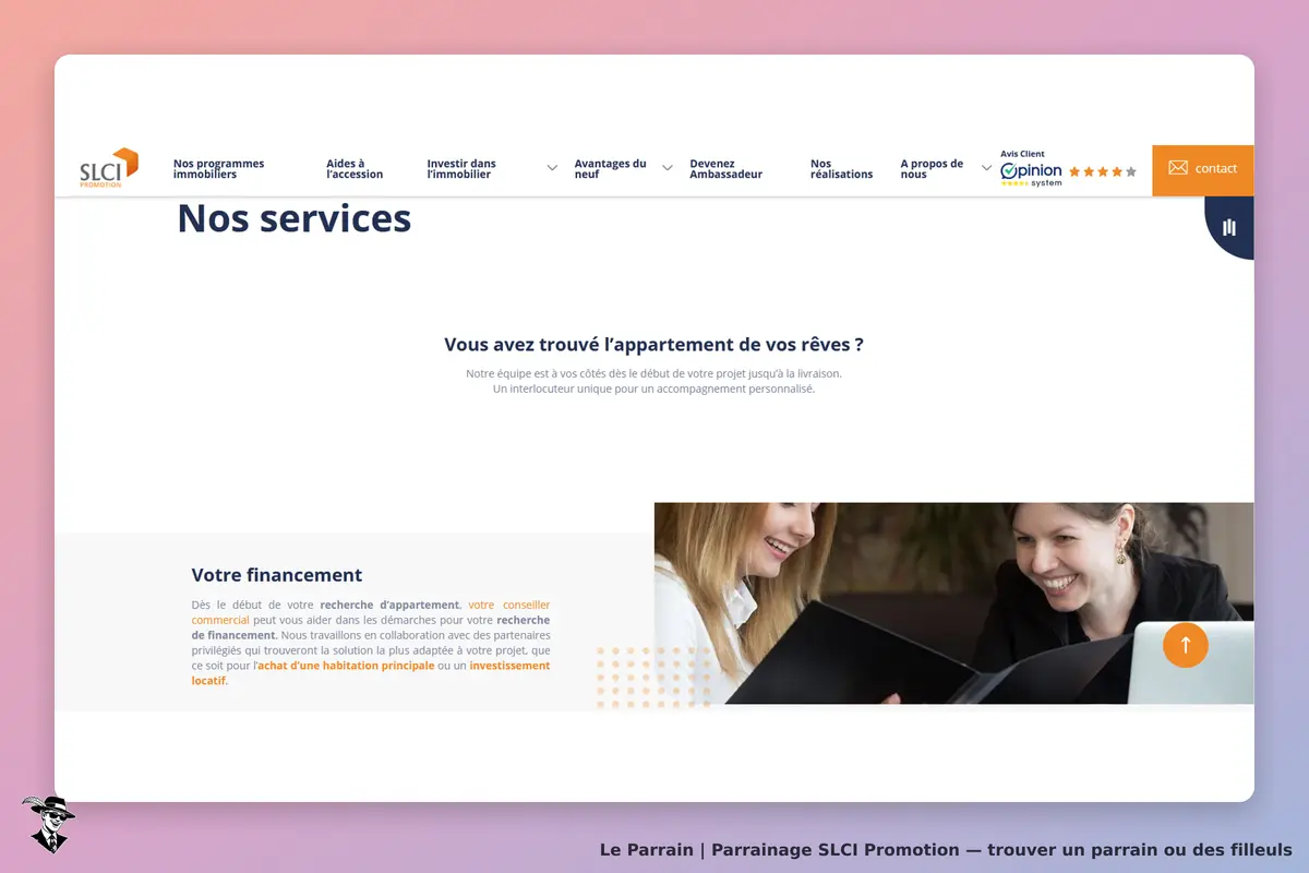 SLCI Promotion : page d'accueil présentant les services et une image de deux femmes discutant