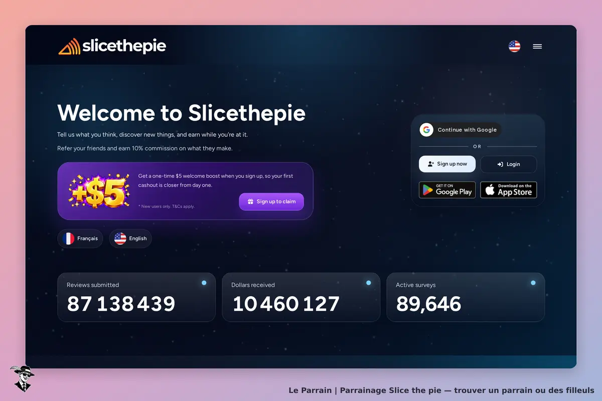 Slice the Pie : page d'accueil avec statistiques et options de connexion ou d'inscription
