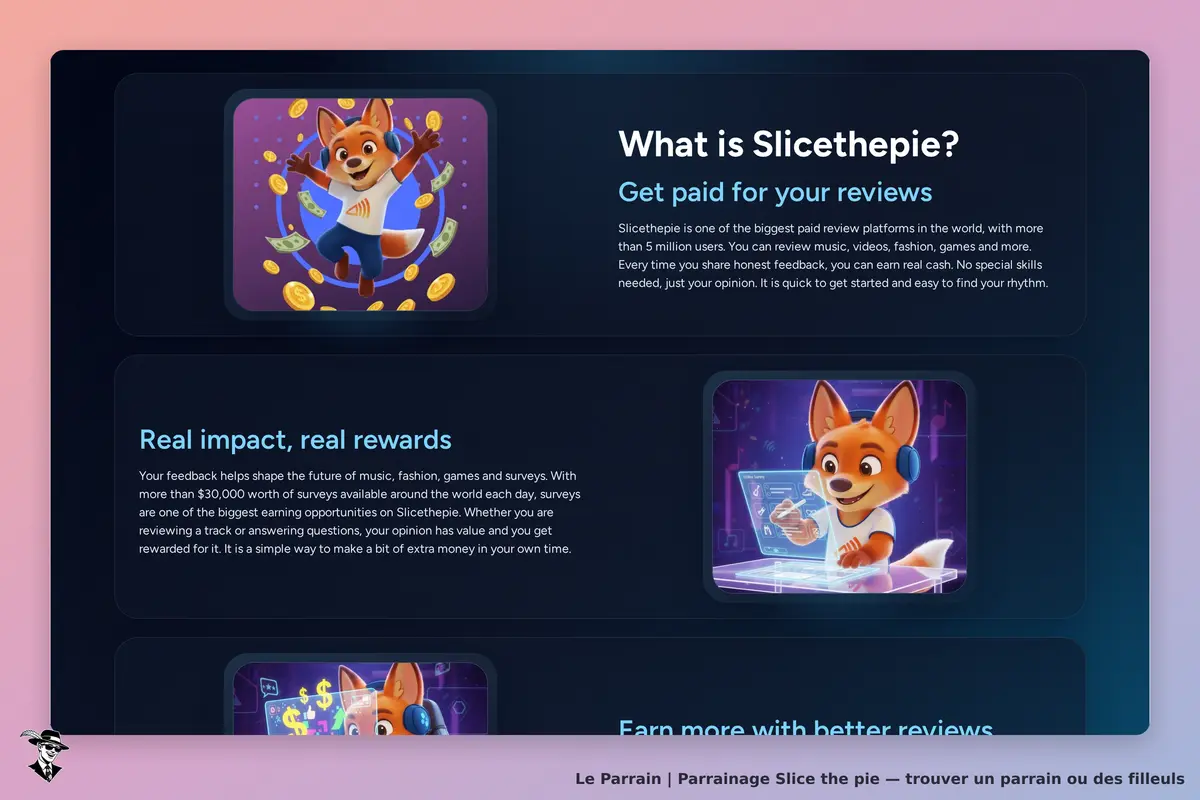 Slice the pie : page d'accueil avec un personnage animé et des informations sur les avis rémunérés