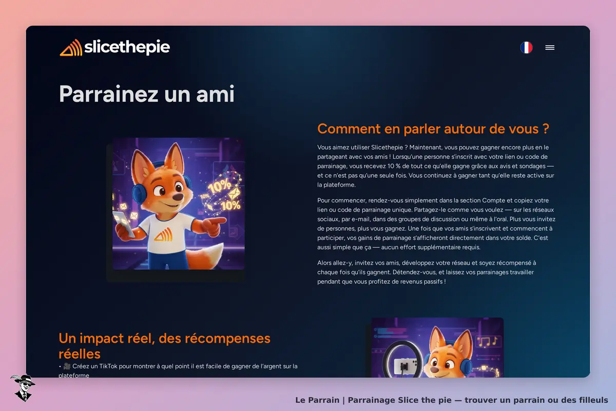 Slice the pie : page d'accueil avec un personnage de renard et des éléments graphiques colorés