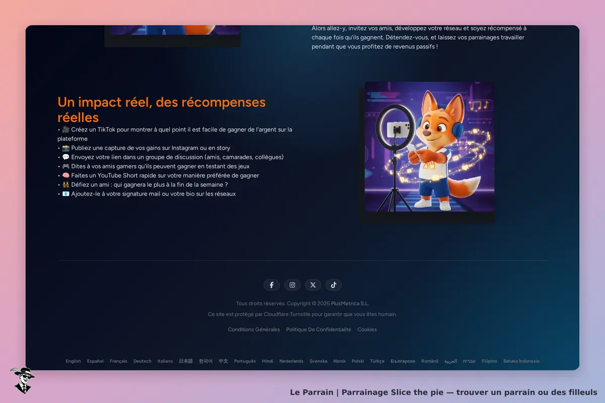 Slice the pie : section sur les récompenses avec un personnage de renard et des conseils affichés