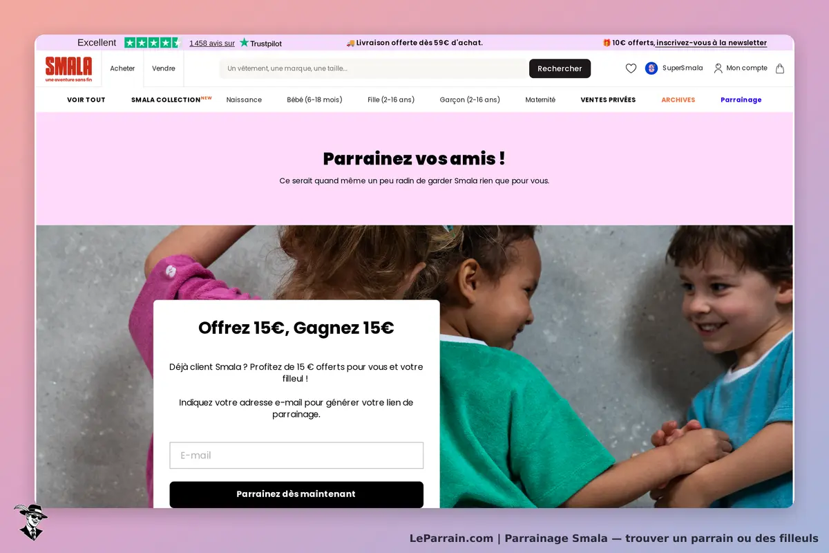 Smala : page d'accueil avec formulaire de parrainage et enfants souriants en arrière-plan