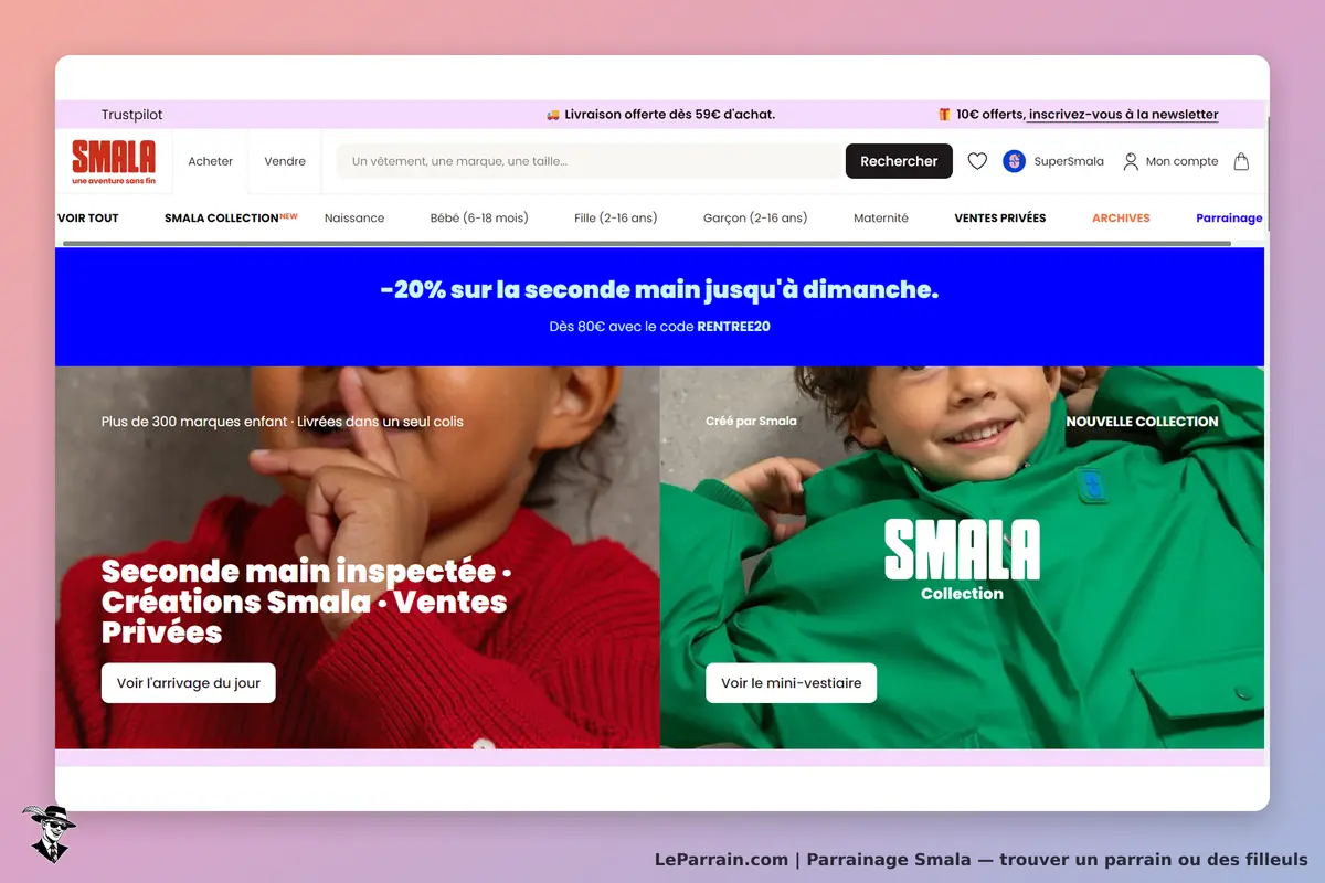 Smala : page d'accueil avec promotions et images de vêtements pour enfants