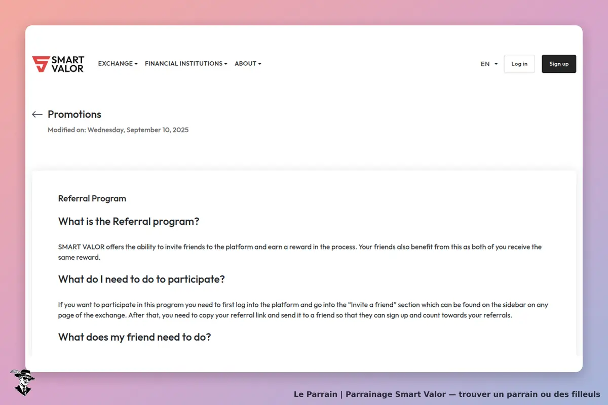 Smart Valor : page des promotions avec informations sur le programme de parrainage