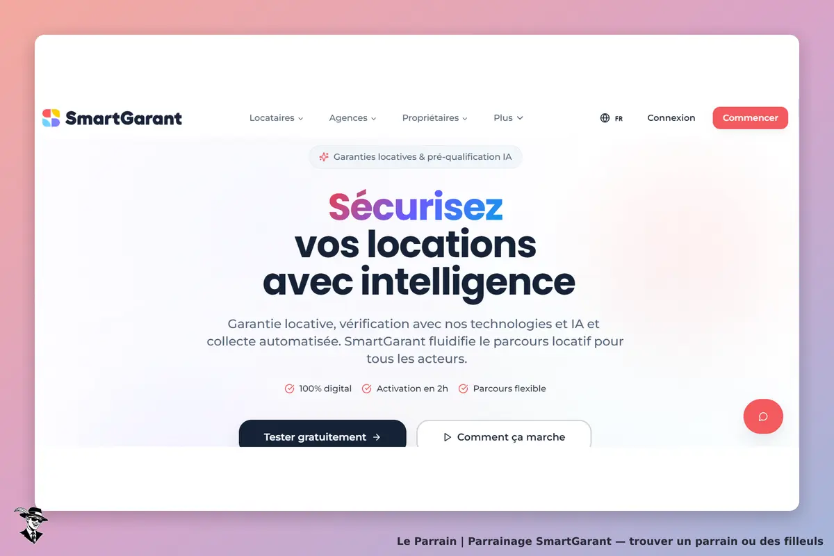 SmartGarant : page d'accueil avec slogan et options de test gratuit pour la garantie locative