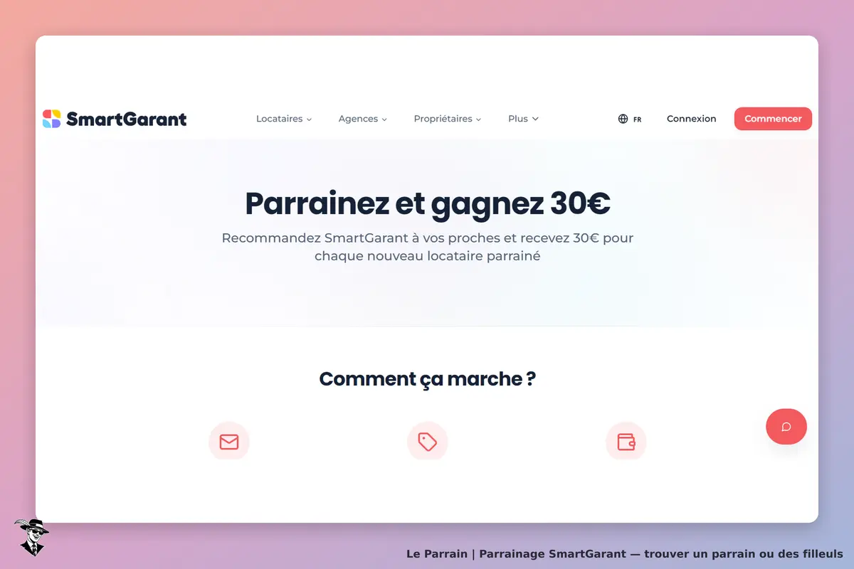 SmartGarant : page d'accueil avec un message sur le parrainage et des icônes en bas