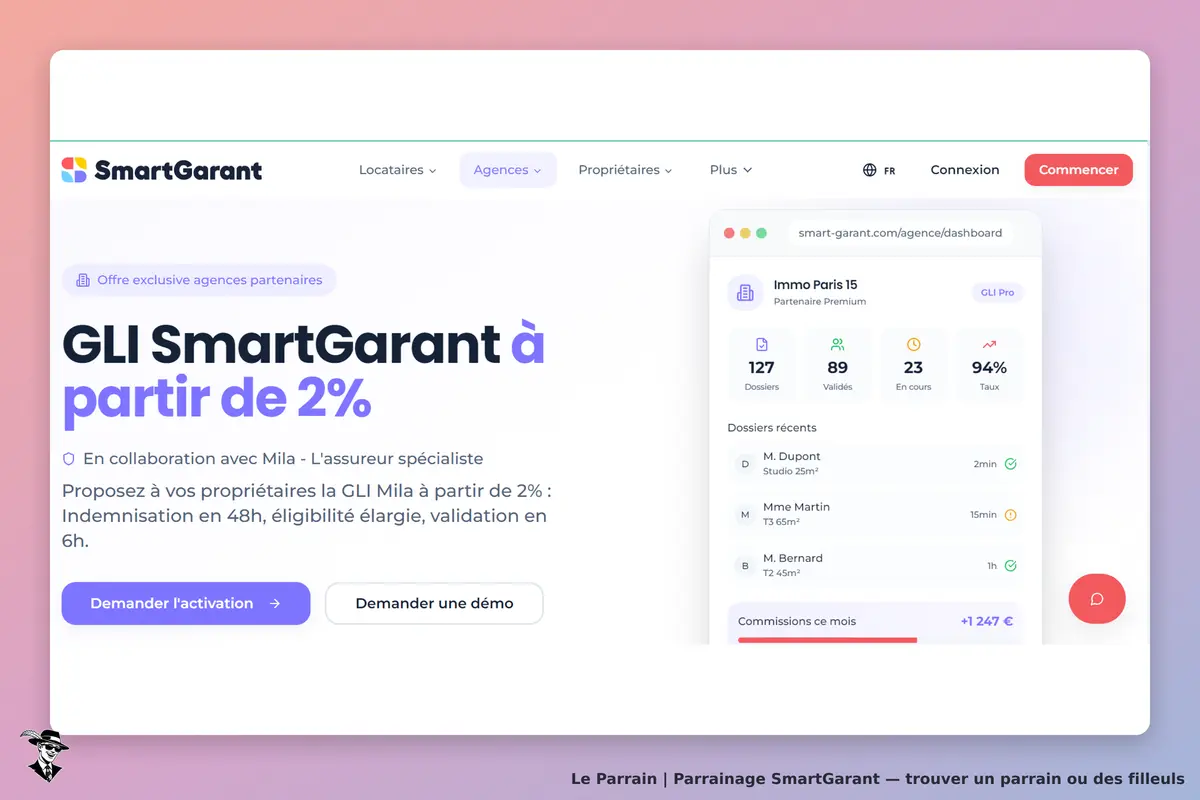 SmartGarant : page d'accueil avec informations sur la GLI et un tableau de bord d'agence