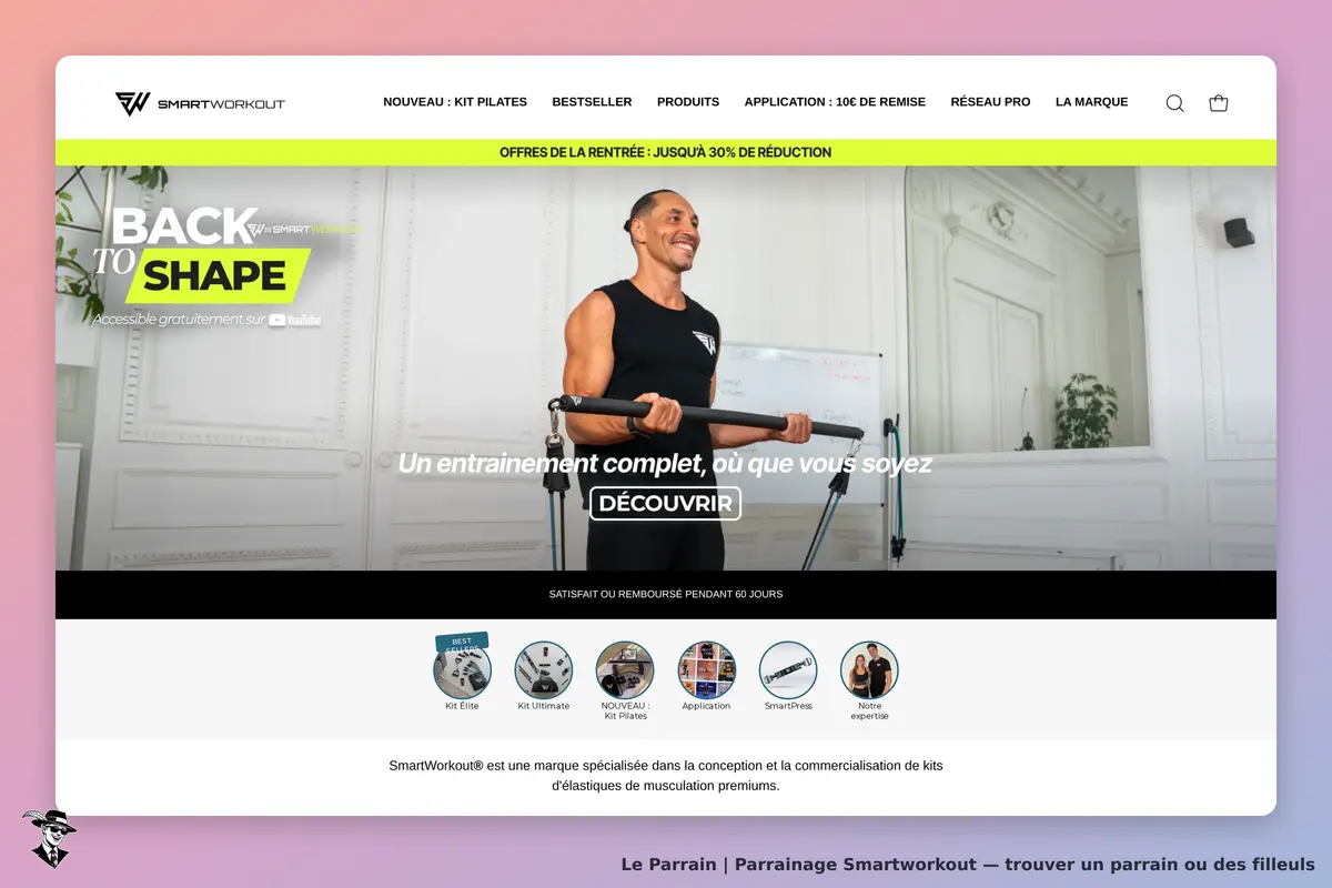 Smartworkout : page d'accueil avec un homme s'entraînant et des options de produits en bas