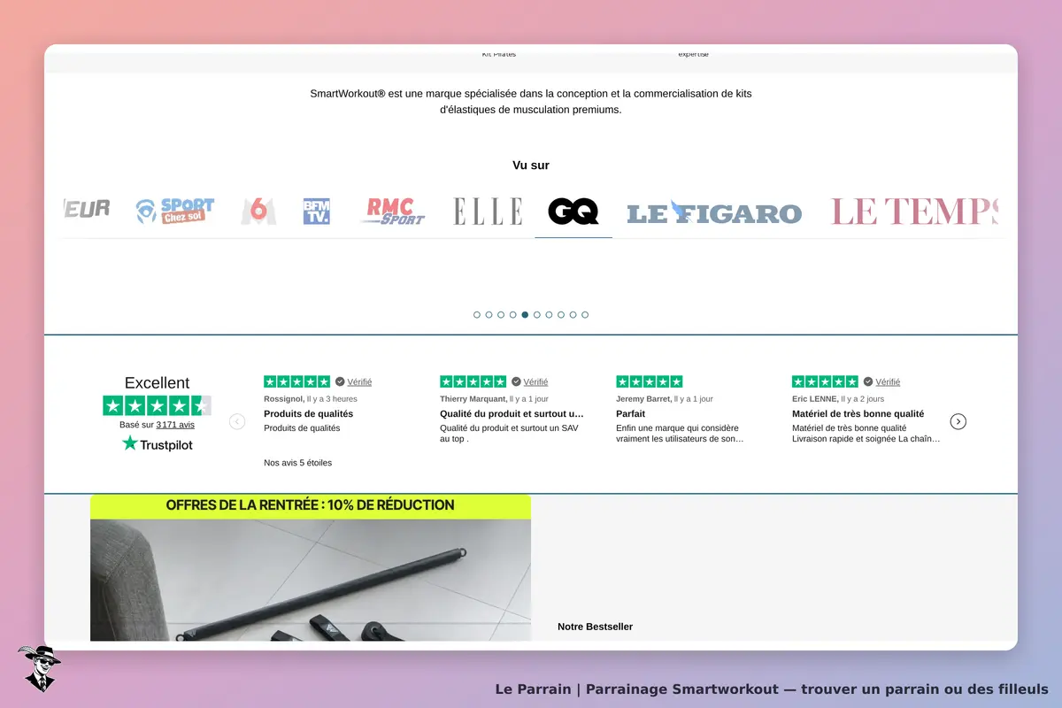 Smartworkout : page d'accueil avec avis clients et produits en promotion