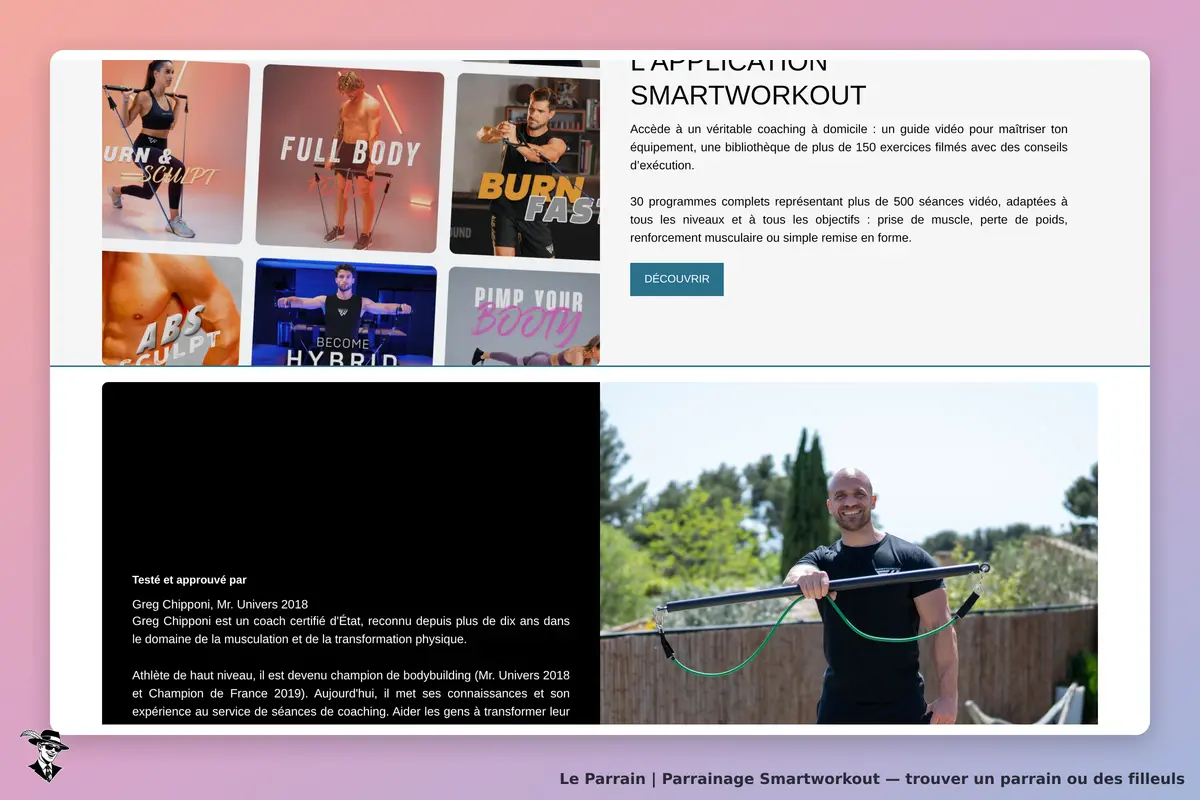 Smartworkout : page d'accueil avec des programmes d'entraînement et un coach en extérieur
