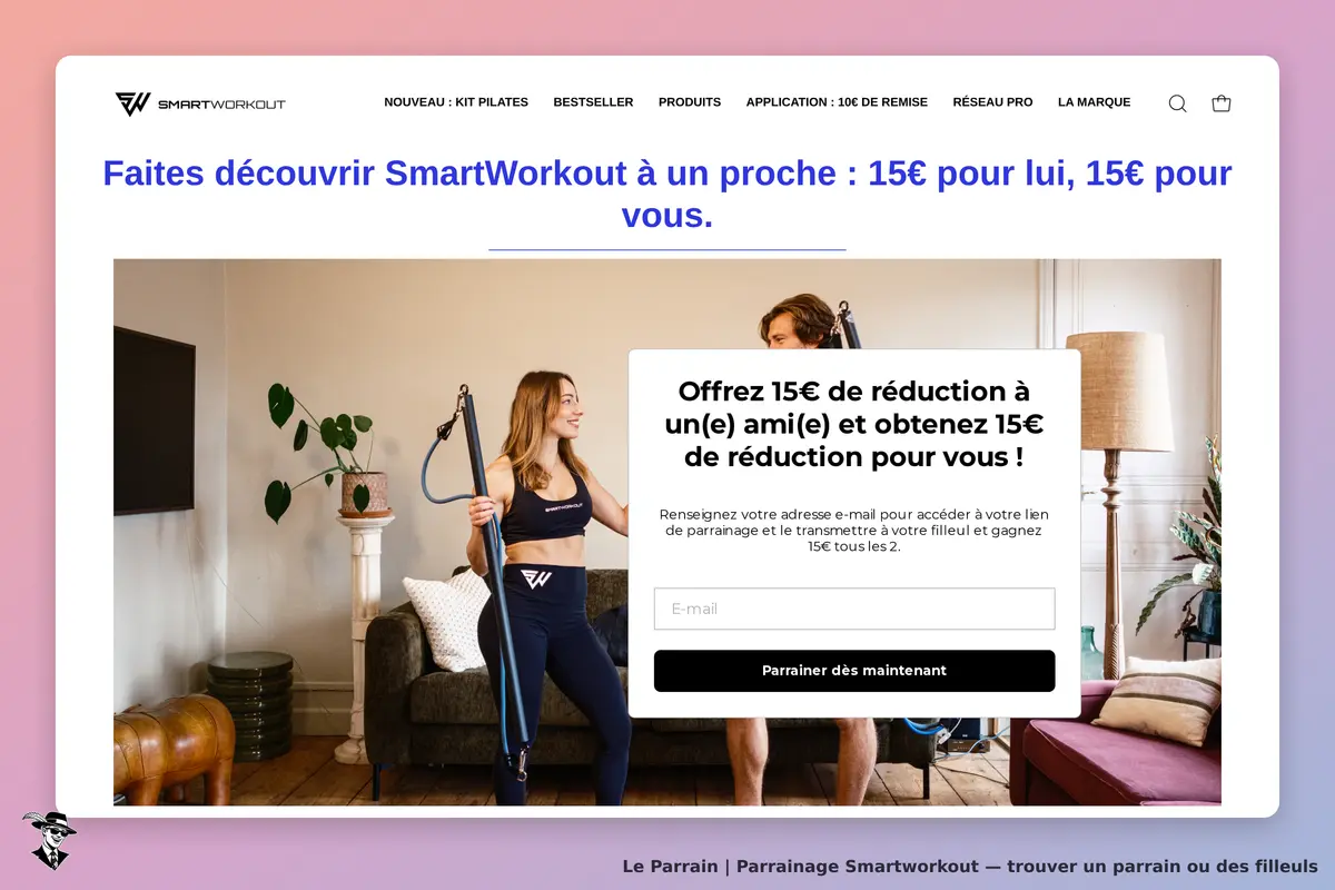 Smartworkout : page d'accueil avec un formulaire de parrainage et deux personnes en train de