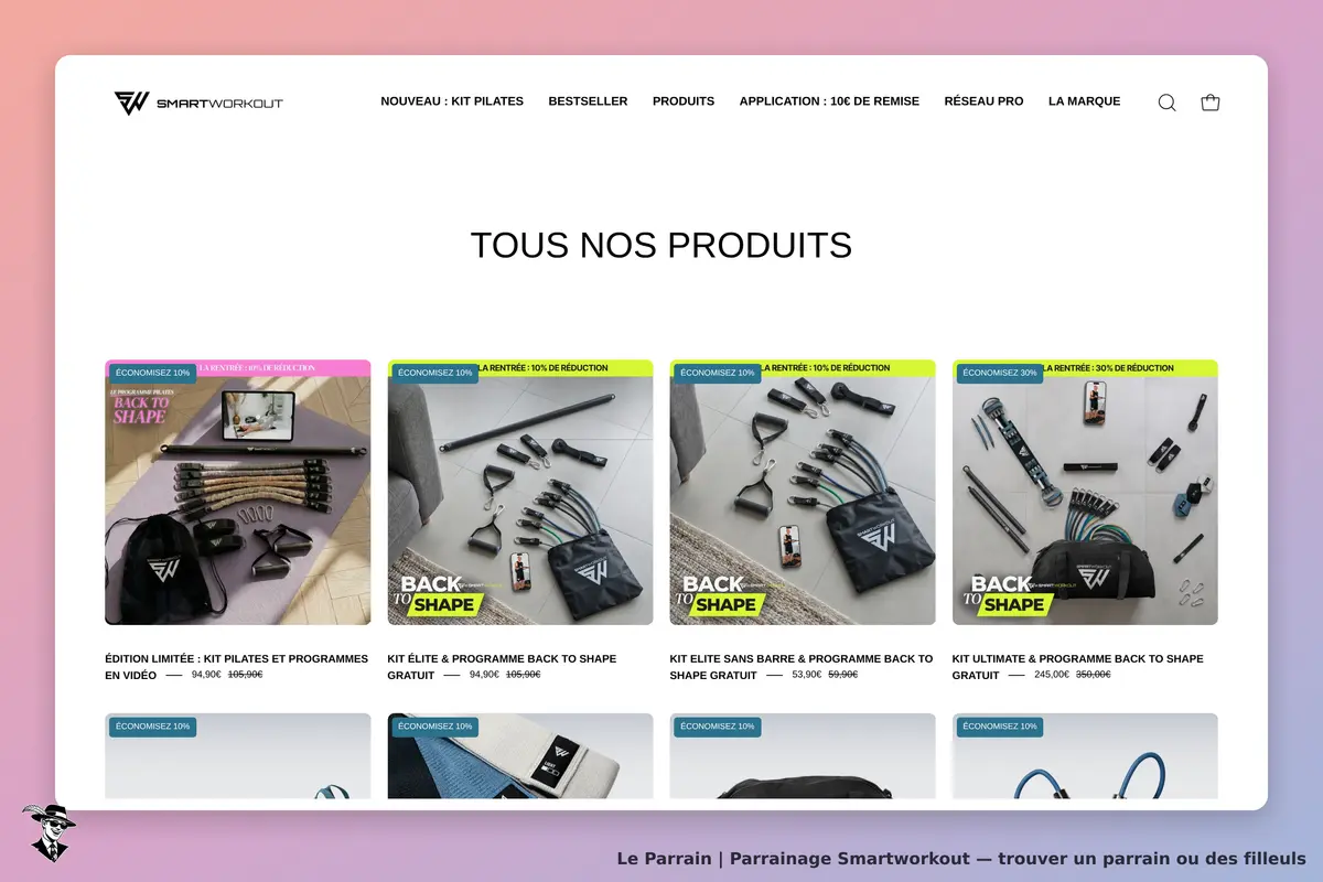Smartworkout : vue de la catégorie avec plusieurs kits de fitness et leurs accessoires affichés