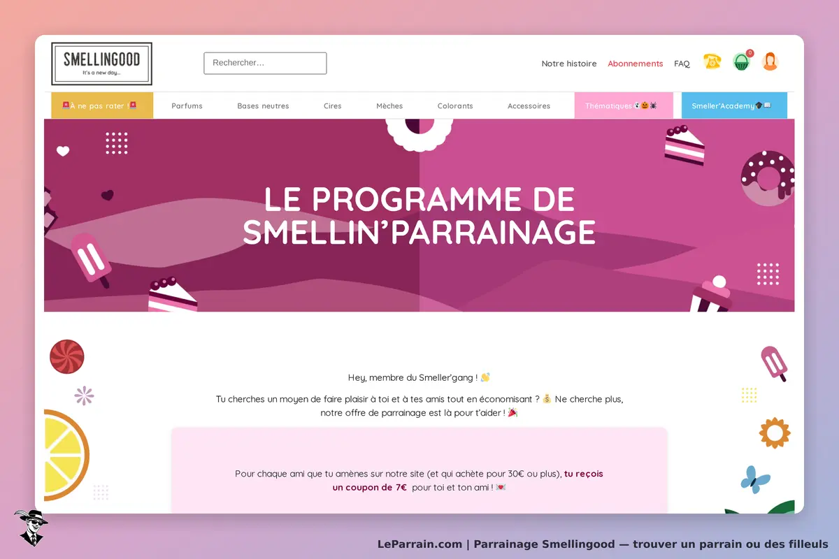 Smellingood : page d'accueil présentant le programme de parrainage avec des illustrations colorées