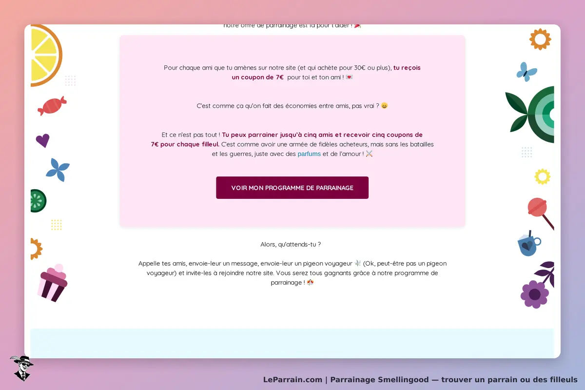 Smellingood : section inférieure du programme de parrainage avec texte et illustrations colorées