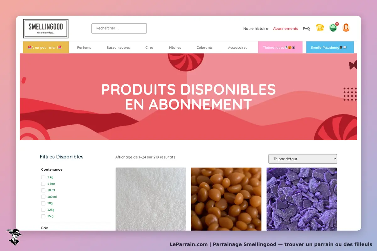 Smellingood : page d'accueil avec produits en abonnement et filtres disponibles à gauche
