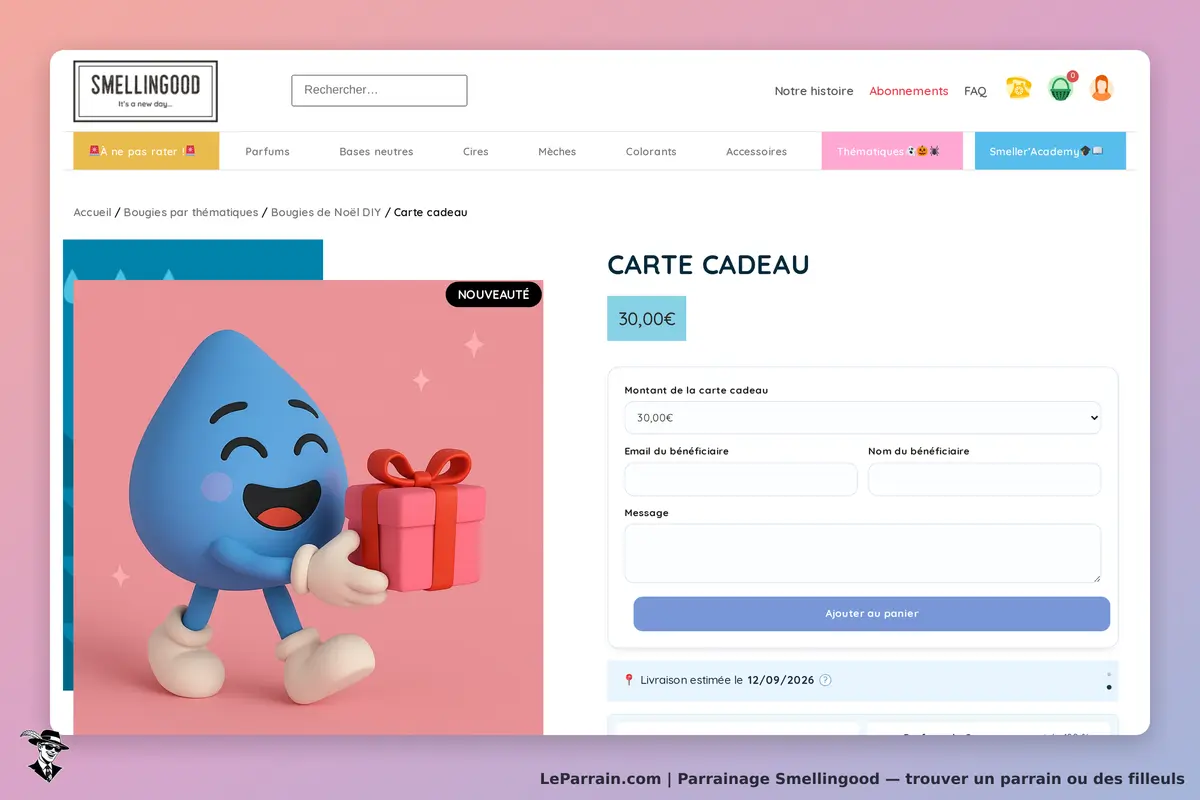 Smellingood : page de produit affichant une carte cadeau avec un personnage animé joyeux