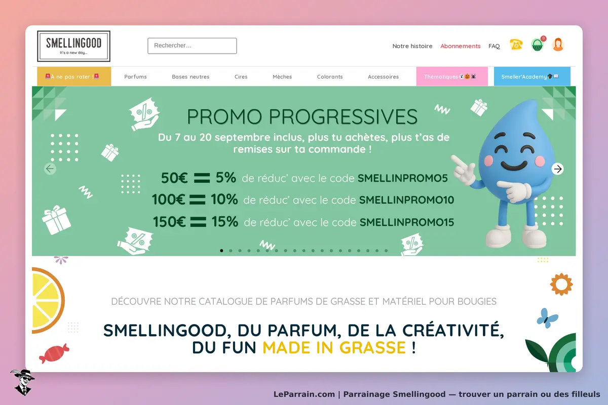 Smellingood : page d'accueil avec promotions, produits et un personnage animé en forme de goutte