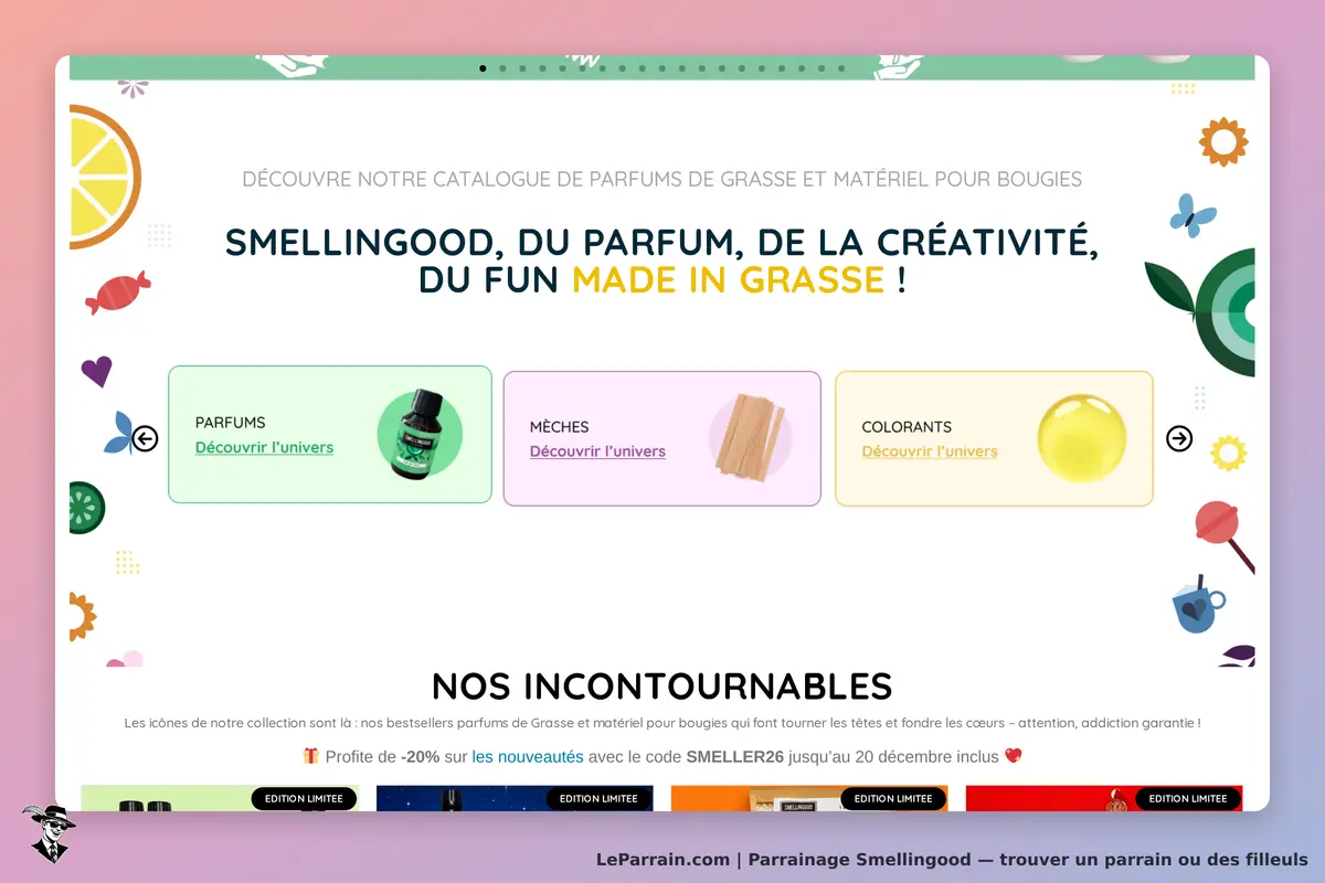 Smellingood : page d'accueil avec catégories de produits et visuels colorés