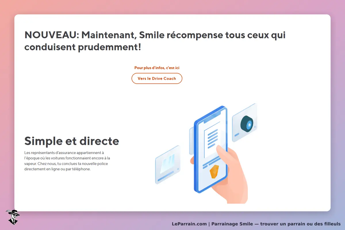 Smile : page d'accueil avec un message sur les conducteurs prudents et une illustration
