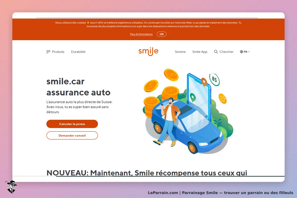 Smile : page d'accueil avec illustration d'une voiture et options pour calculer une prime