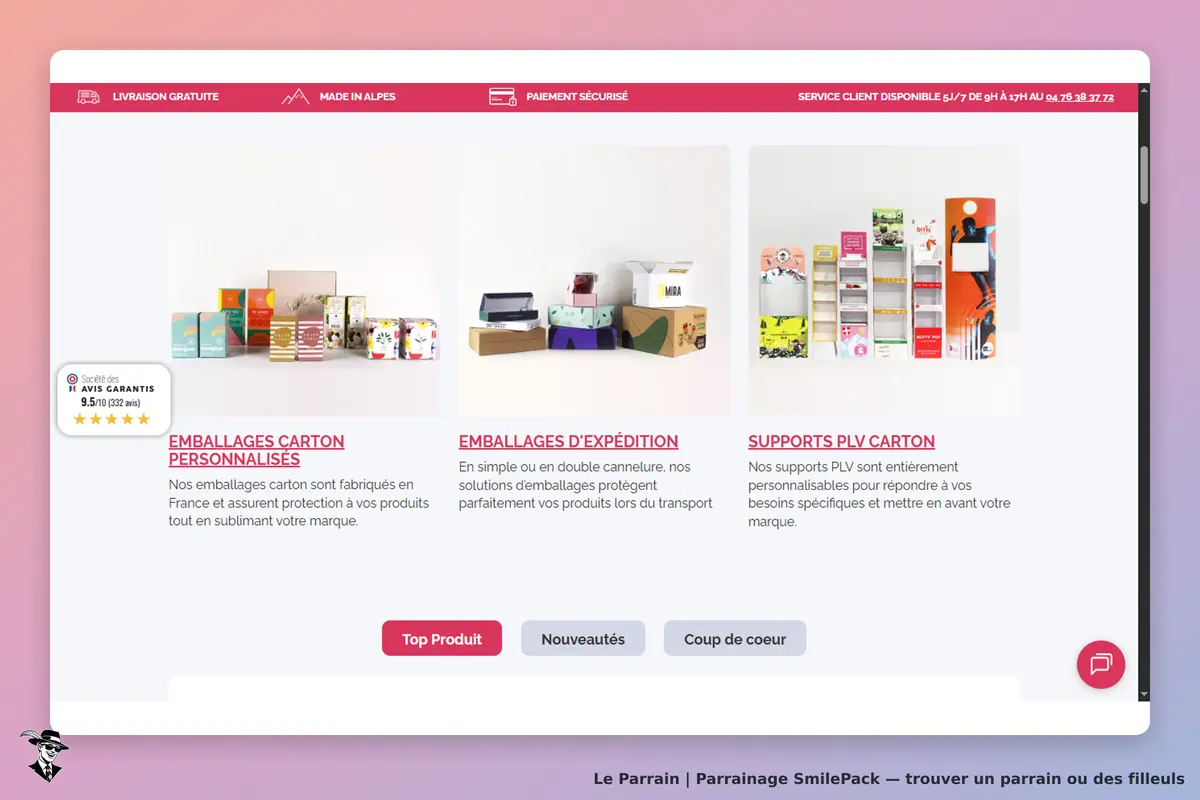 SmilePack : page d'accueil avec trois sections sur emballages et supports carton