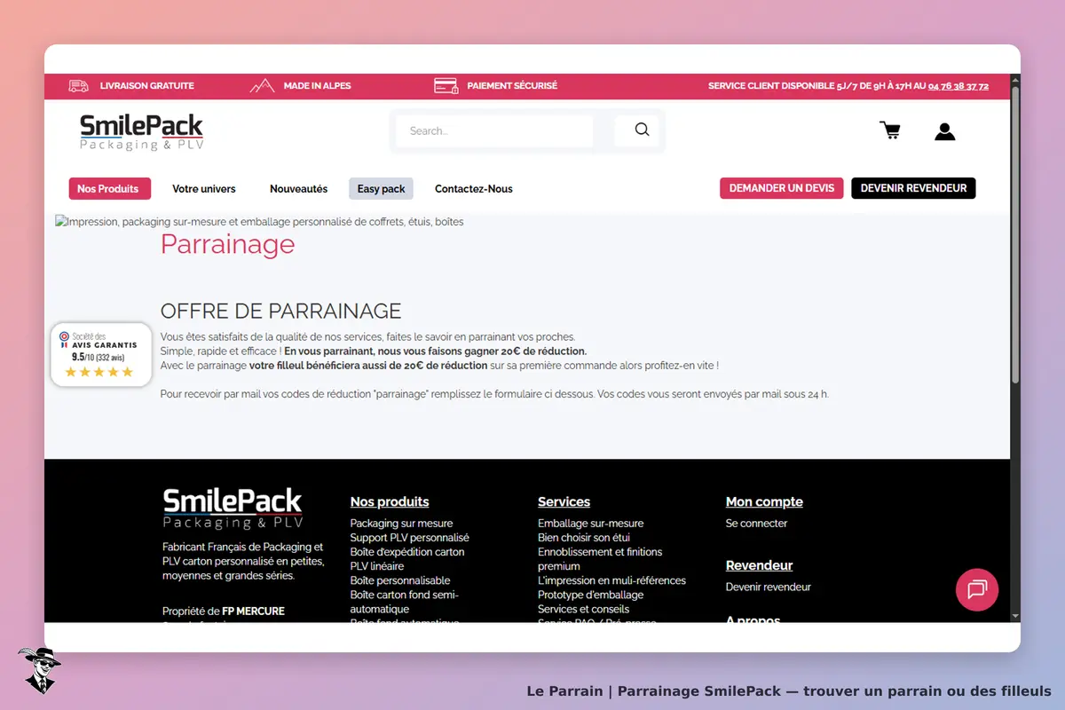 SmilePack : page d'accueil avec offre de parrainage et informations sur les services et produits