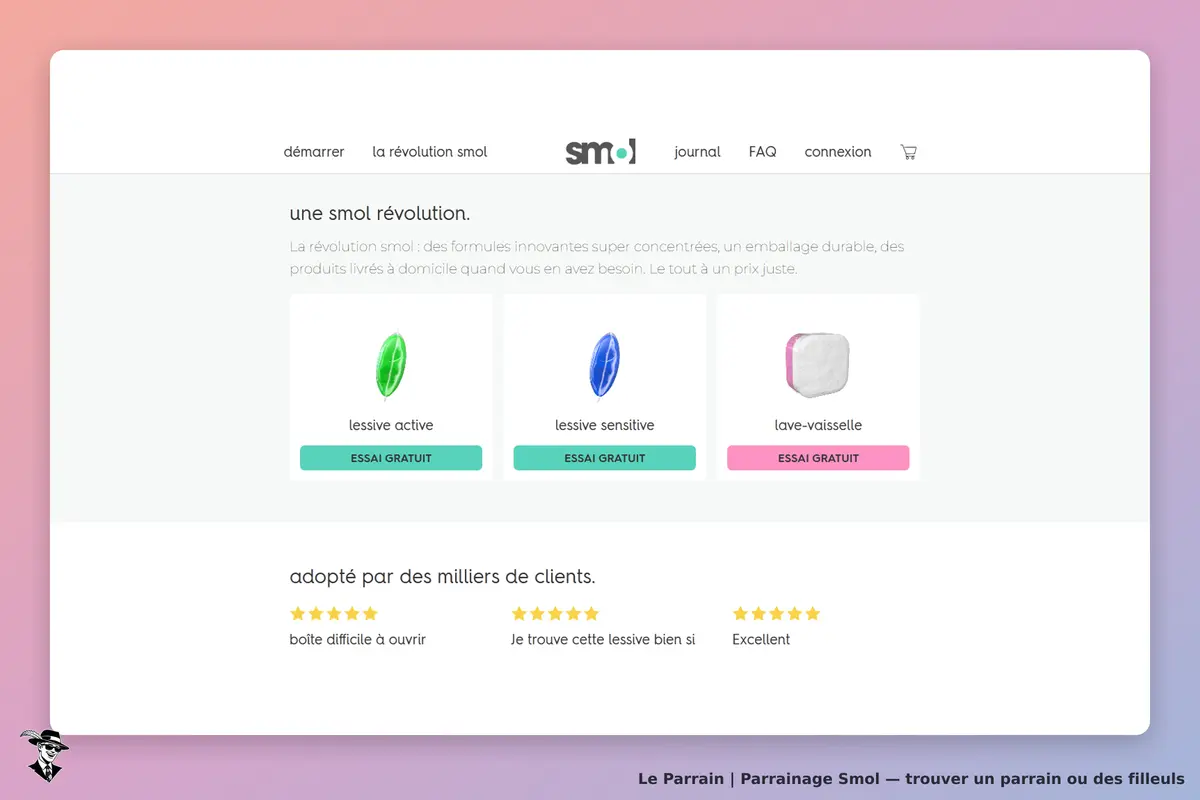 Smol : page d'accueil avec trois produits et avis clients en bas de l'écran