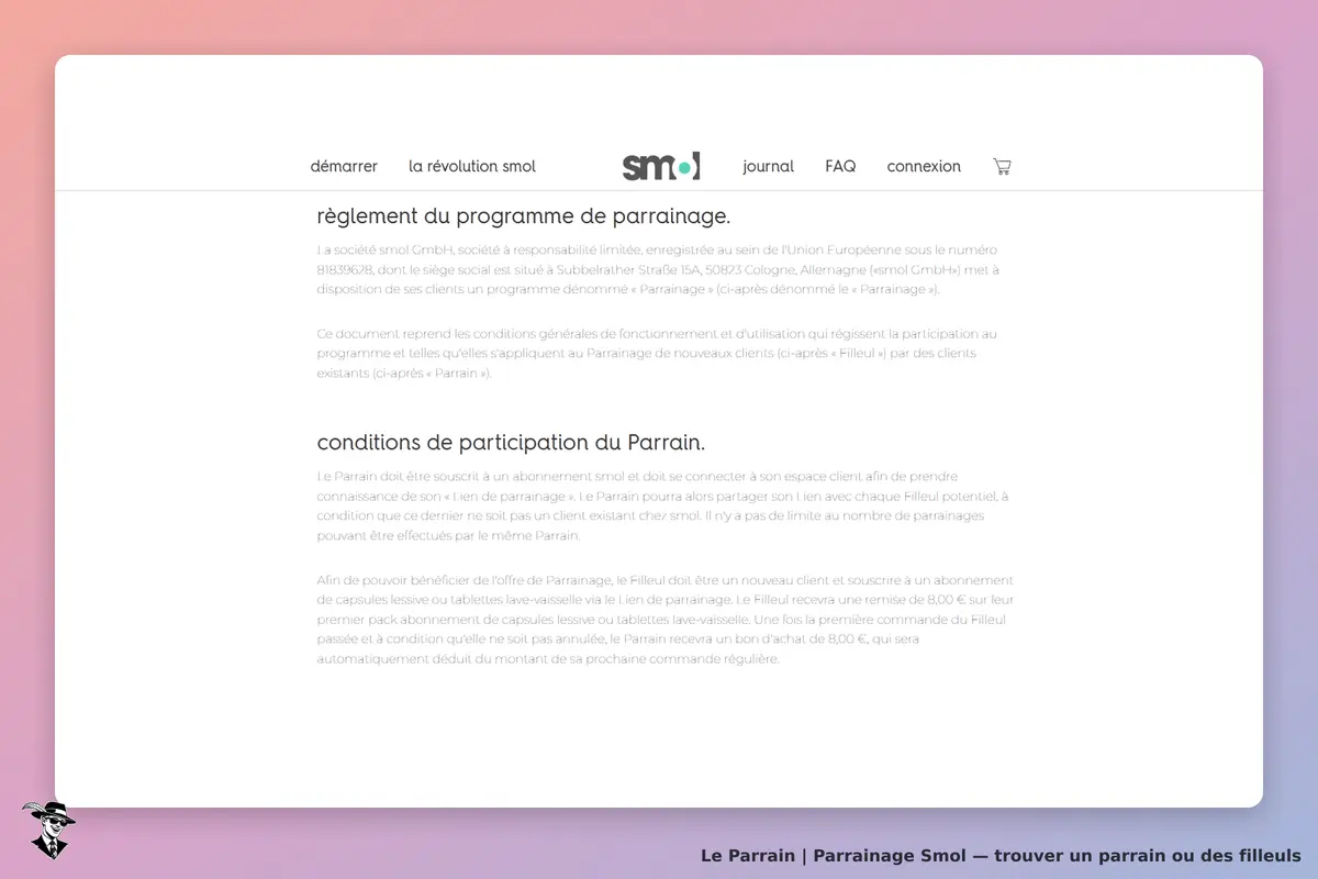 Smol : règlement du programme de parrainage et conditions de participation affichées à l'écran