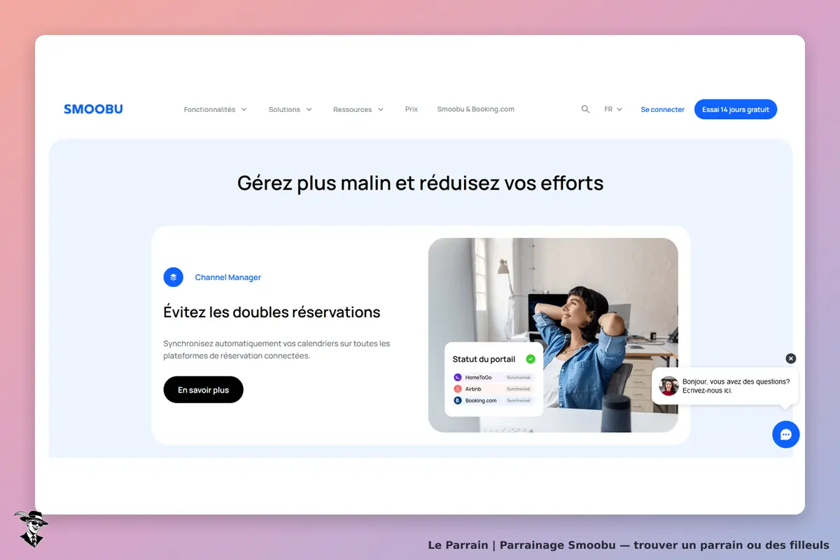 Smoobu : page d'accueil présentant le Channel Manager et une femme souriante à son bureau
