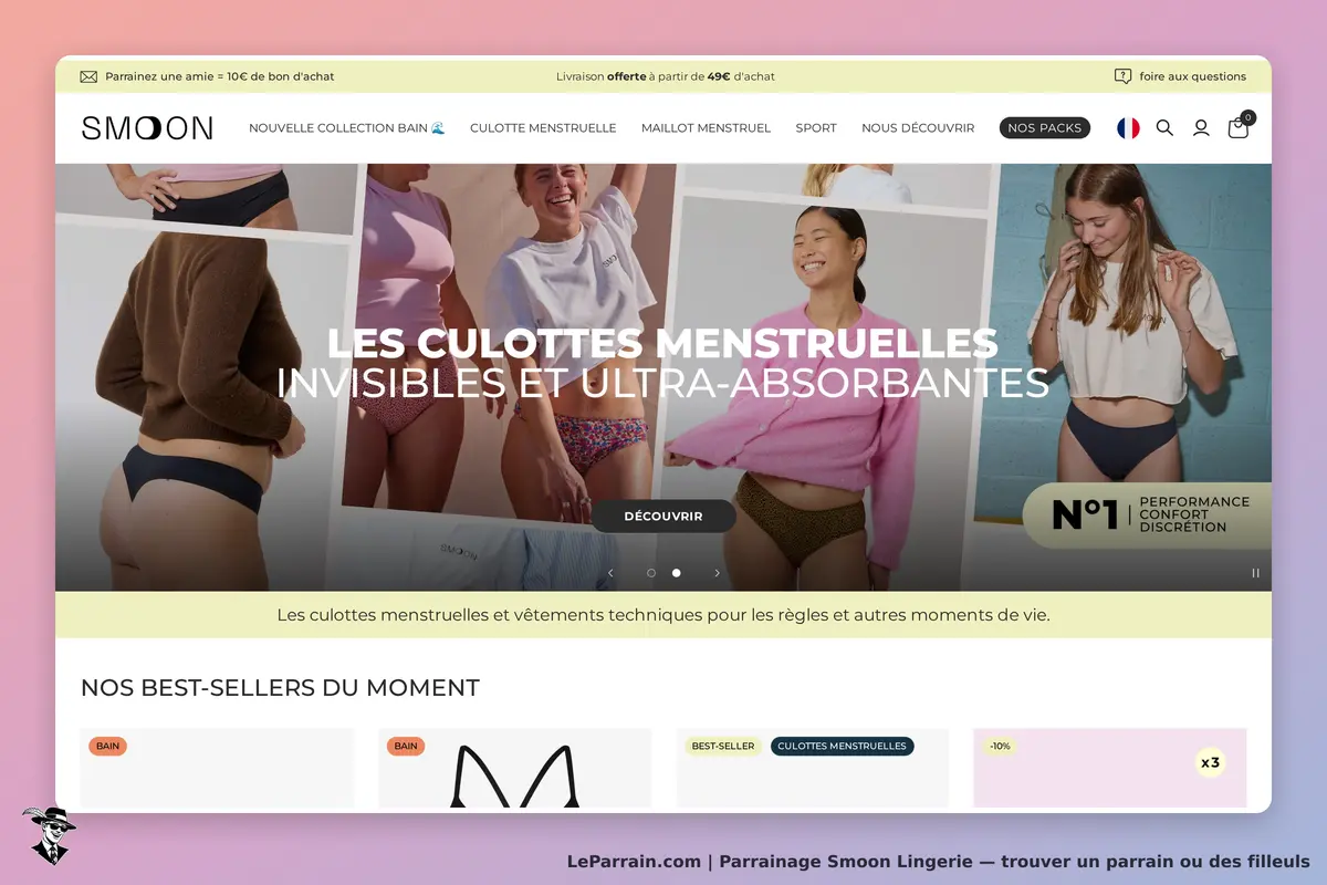 Page d'accueil Smoon Lingerie avec culottes menstruelles et modèles souriants.
