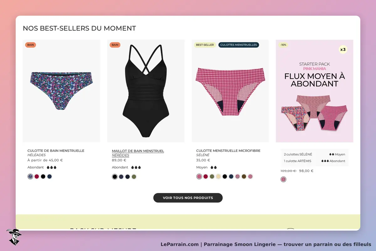 Best-sellers Smoon Lingerie : culottes et maillots de bain menstruels colorés et tendance.