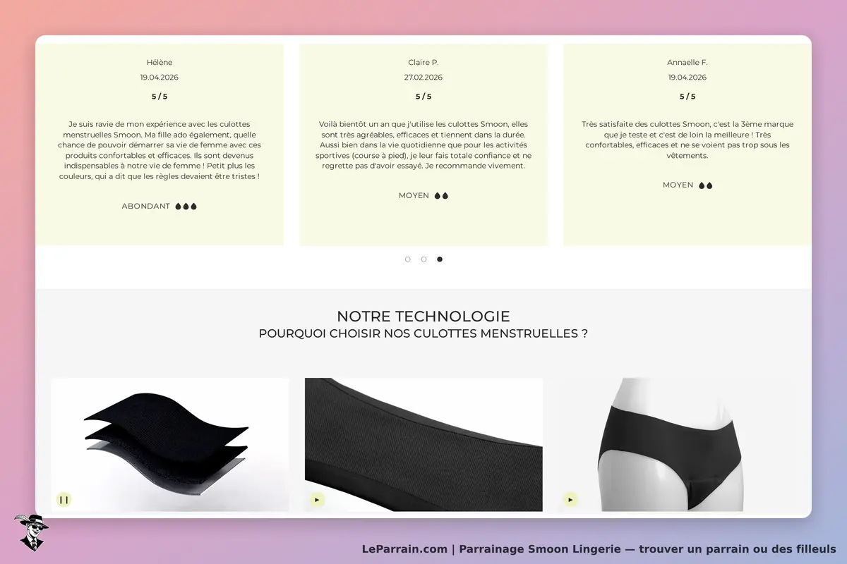Avis clients sur les culottes menstruelles Smoon, avec images de technologie et confort.