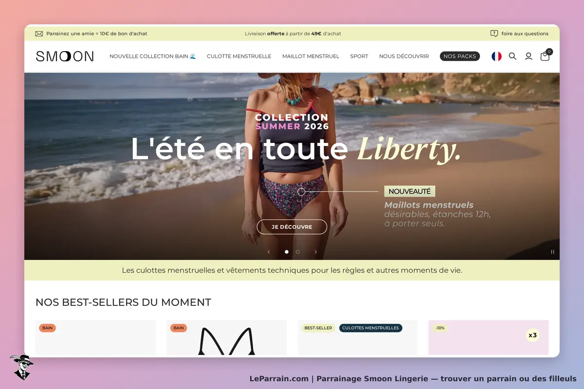 Femme en maillot de bain sur la plage, promotion de la collection Smoon Lingerie été 2026.