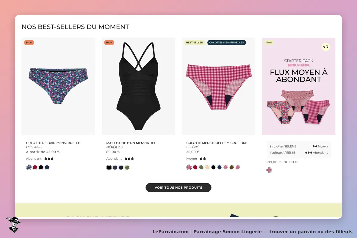 Best-sellers de lingerie menstruelle et maillots de bain sur Smoon Lingerie.