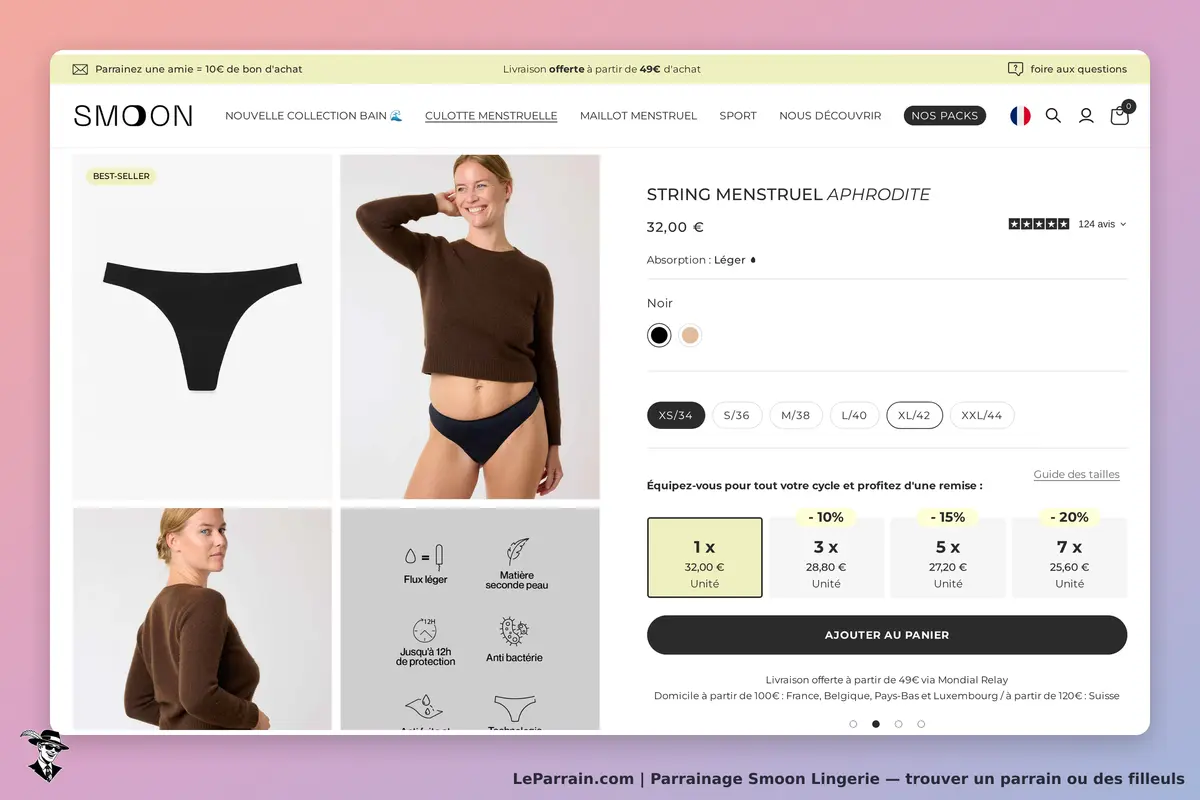 String menstruel Aphrodite de Smoon, confortable et absorbant, disponible en plusieurs tailles.