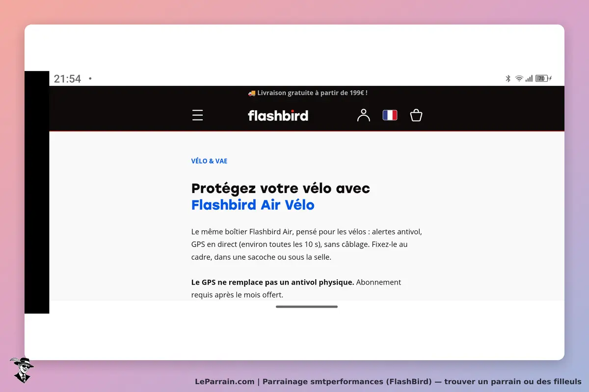smtperformances (FlashBird) : flashBird : page d'accueil présentant le produit Flashbird Air Vélo