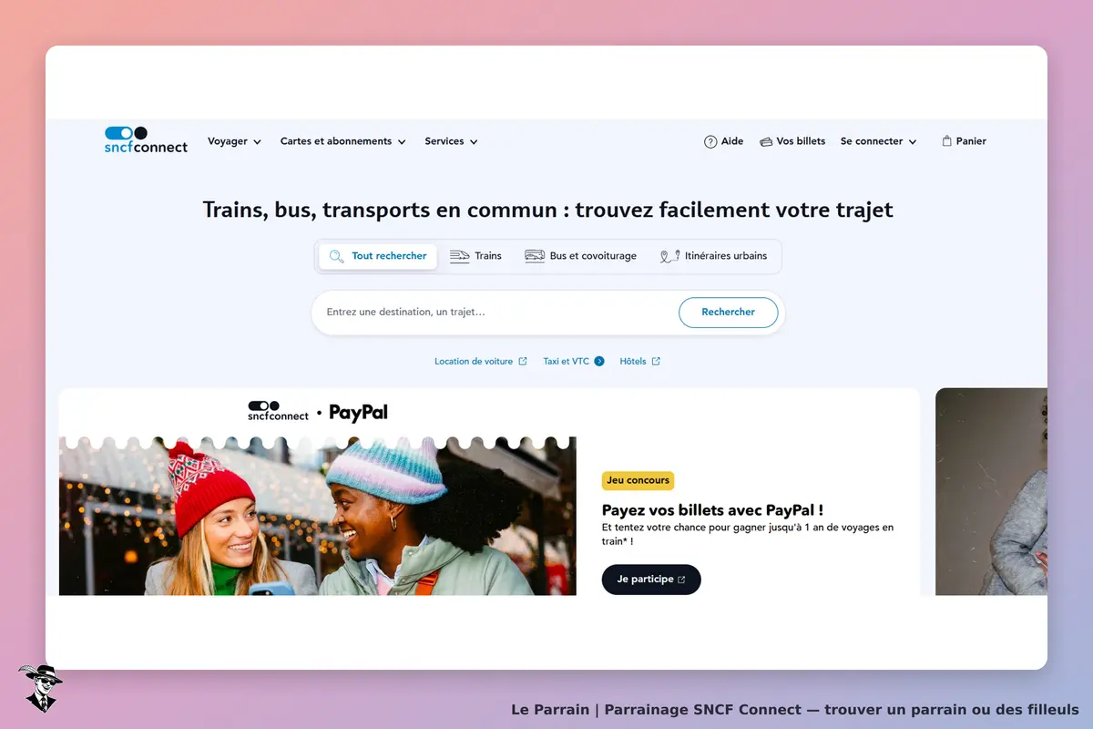 SNCF Connect : page d'accueil avec un formulaire de recherche et une promotion sur PayPal