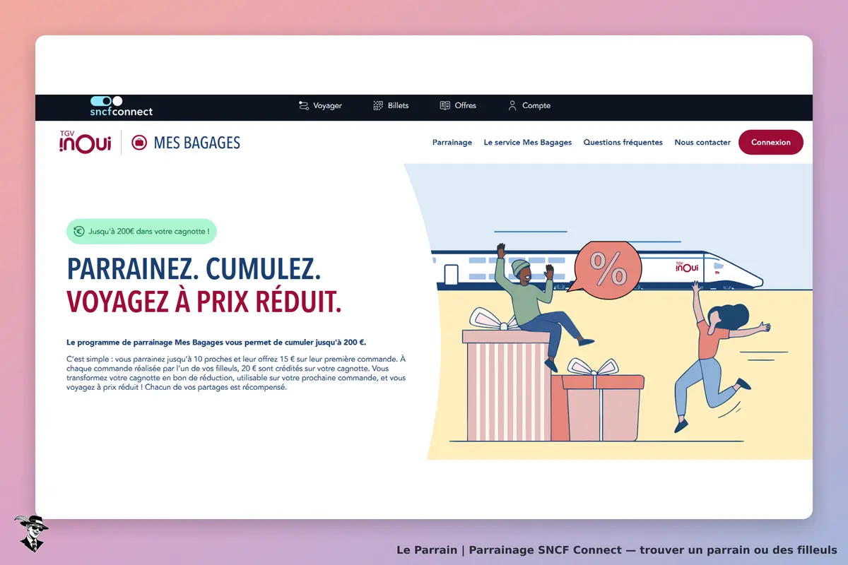 SNCF Connect : page d'accueil avec illustration sur le parrainage et un TGV en arrière-plan