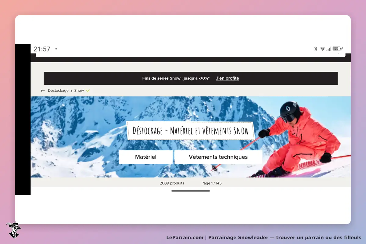 Snowleader : page d'accueil avec un skieur en action et des catégories de produits affichées