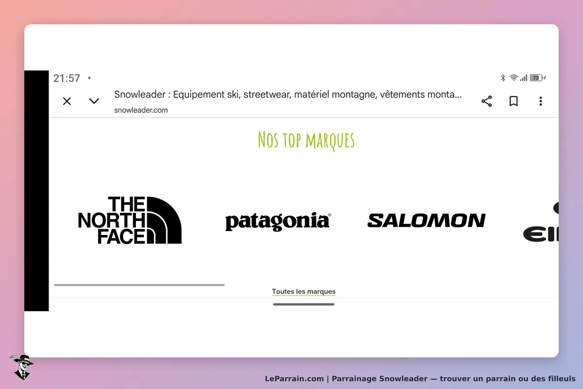 Snowleader : logos de marques comme The North Face, Patagonia, Salomon sur la page d'accueil