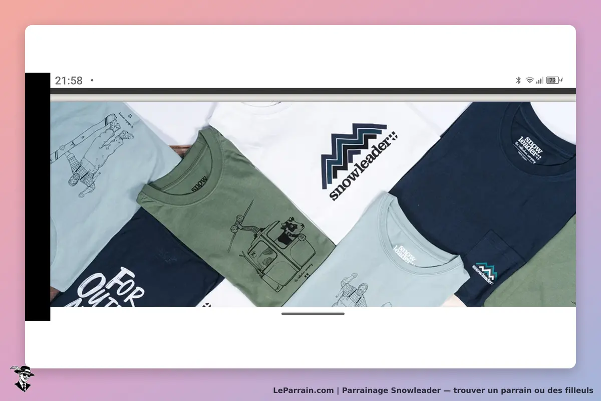 Snowleader : plusieurs t-shirts aux designs variés, disposés en éventail sur fond clair