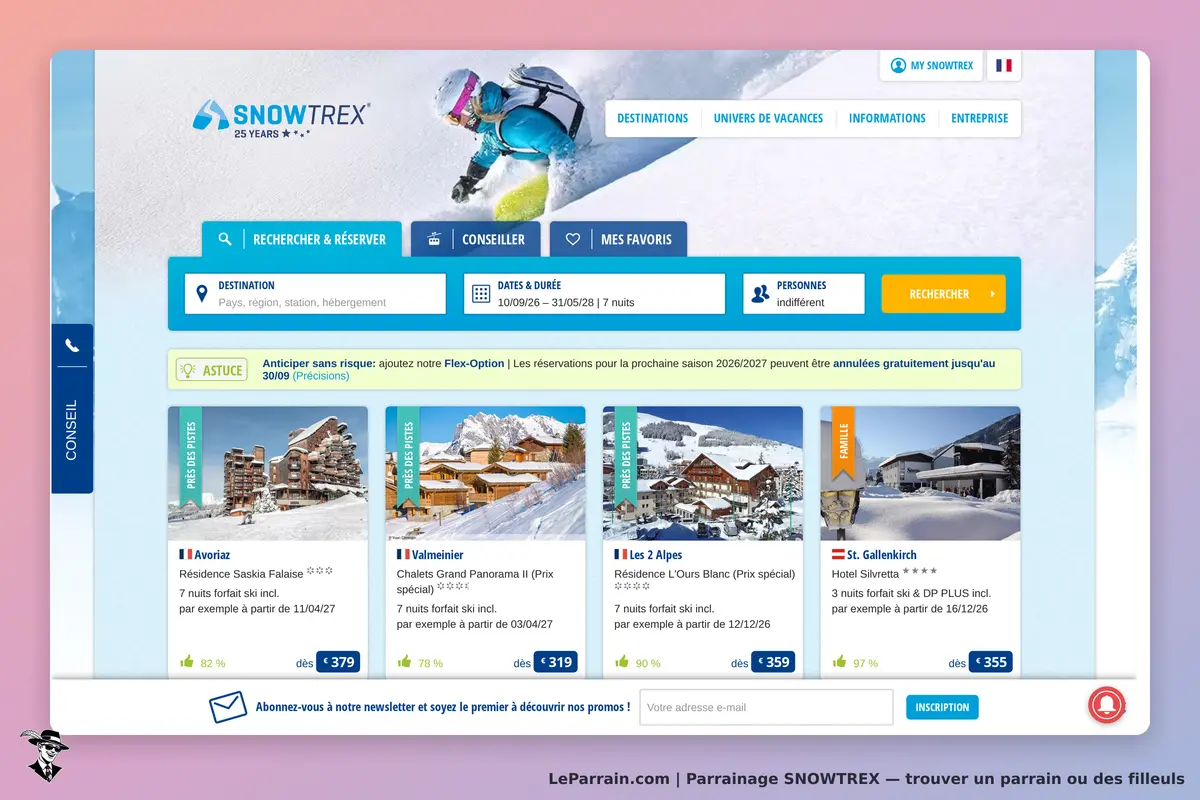 SNOWTREX : page d'accueil avec formulaire de recherche et plusieurs offres de séjours au ski