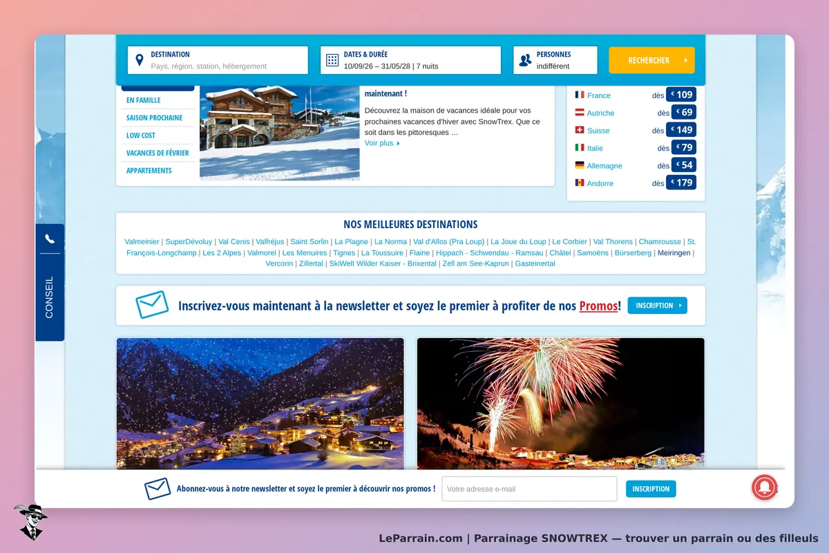 SNOWTREX : page d'accueil avec options de recherche et images de destinations enneigées