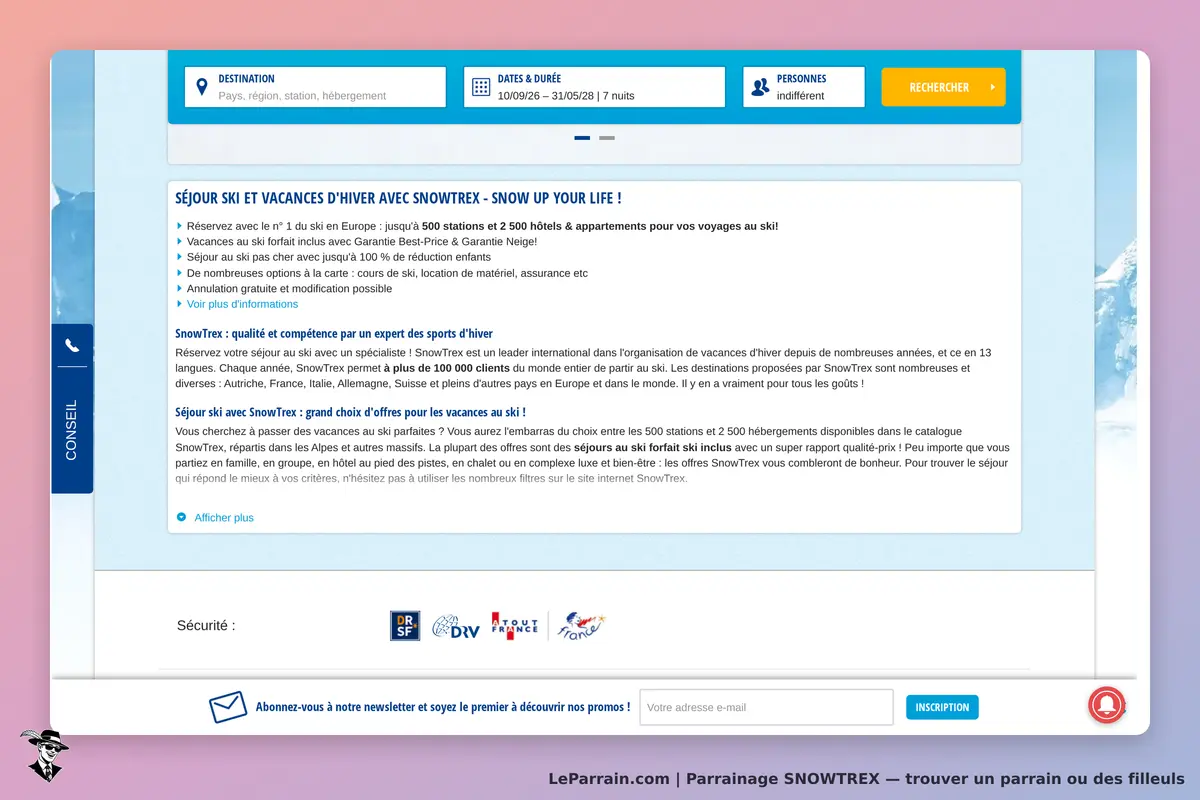SNOWTREX : page d'accueil présentant des séjours de ski et options de réservation